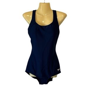 Speedo Power Flex One-Piece Swimsuit Performance Racing Scoop Back Navy Sz 10